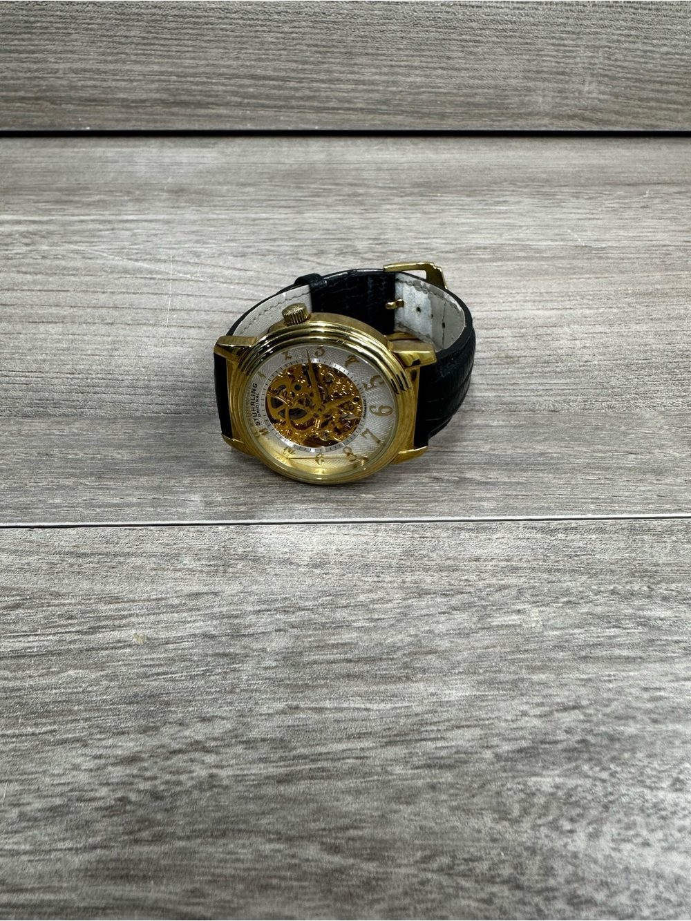Stührling Automatic Men's Dress Watch Gold Skeleton Dial Black Band